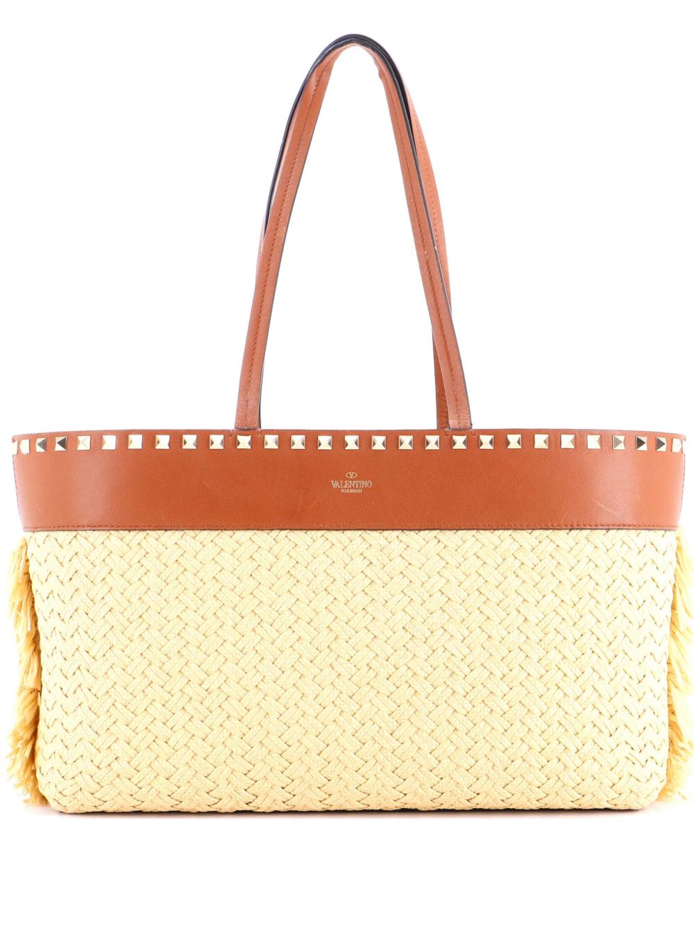 Rockstud Shopping Raffia with Leather Large tote bag
