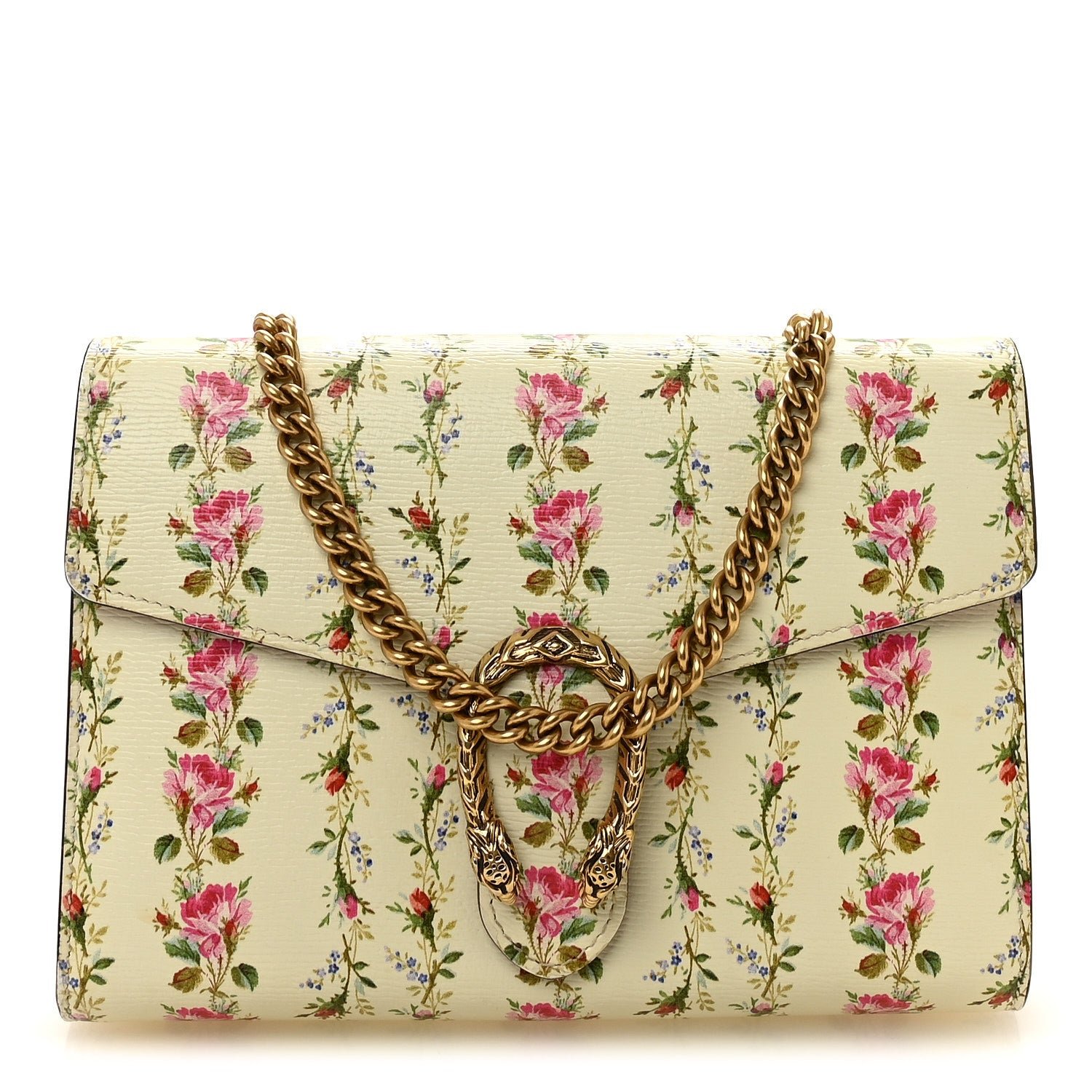 Gucci Calfskin Floral Print Mini Dionysus Chain Wallet Ivory Pink
