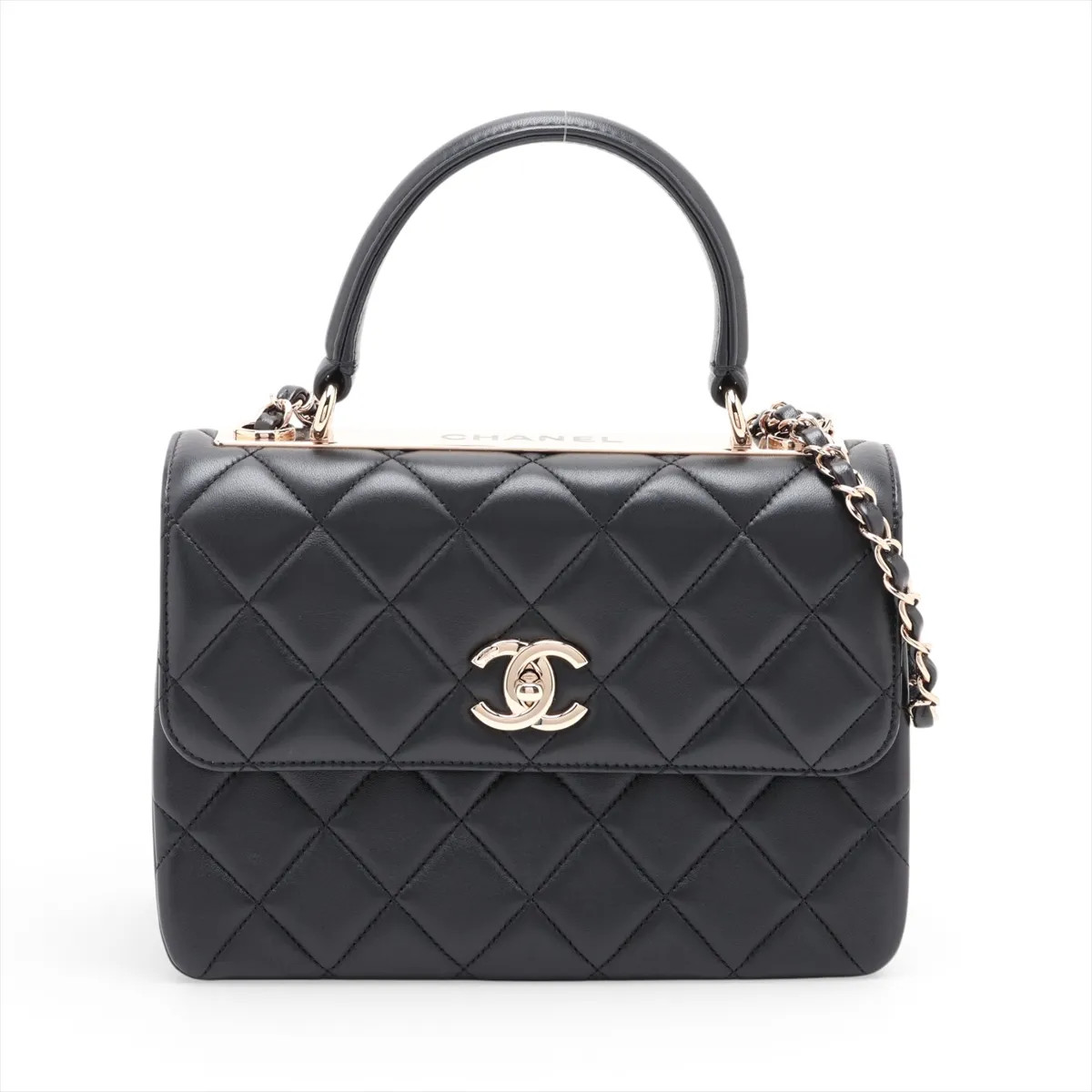 Chanel Trendy CC Lambskin 2 Way Handbag Black Gold Metal Fittings random plate A