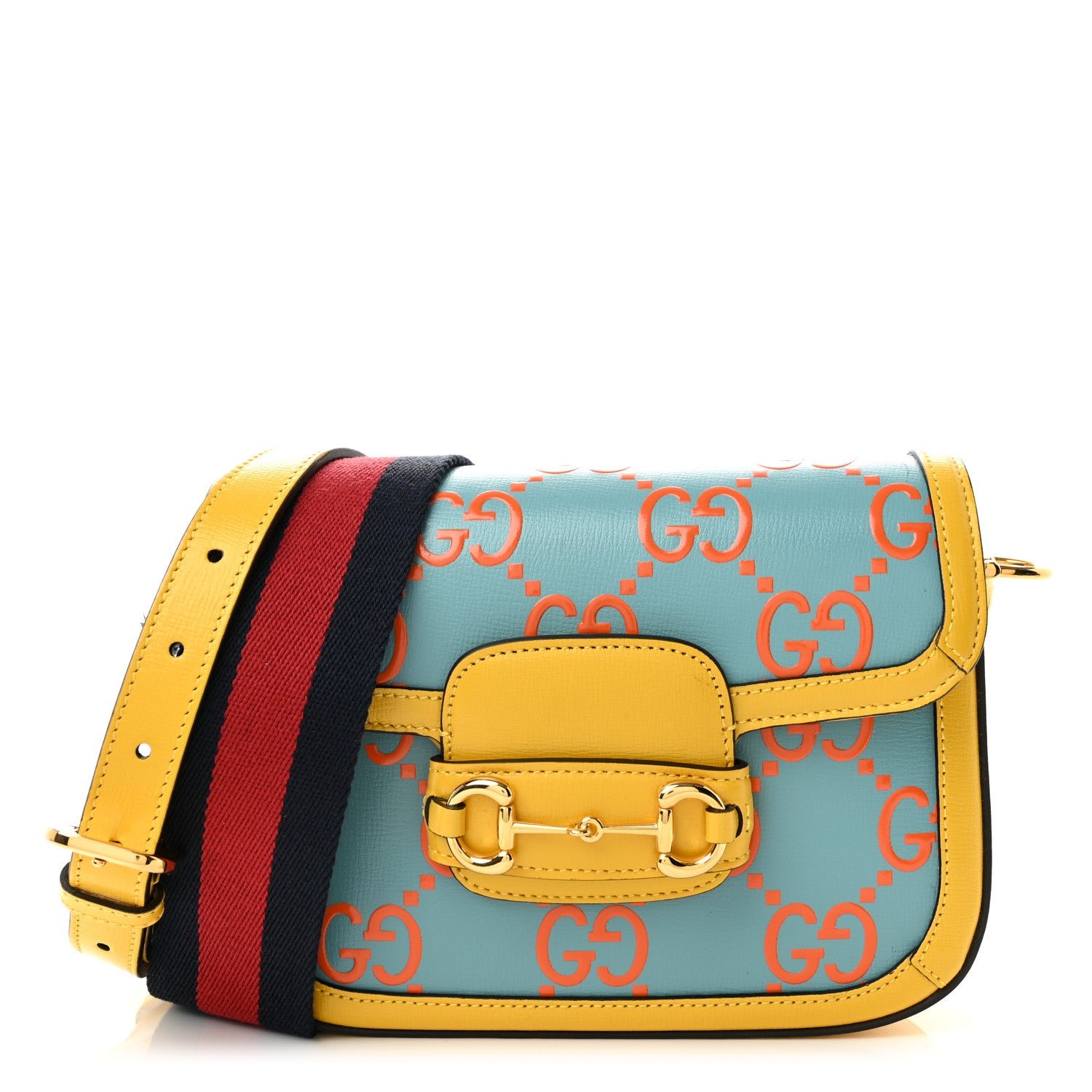 Gucci Azalea Calfskin GG Monogram Bi-Color Debossed Mini Horsebit 1955 Shoulder Bag Dusty Azure Stone Topaz Deep Orange
