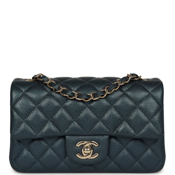 Pre-owned Chanel Mini Classic Rectangular Flap Bag Blue Iridescent Caviar Light Gold Hardware