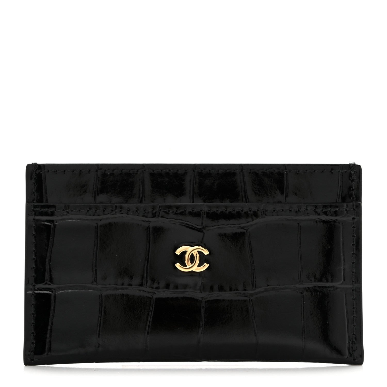 Chanel Calfskin Crocodile Embossed Crococo Card Holder Black
