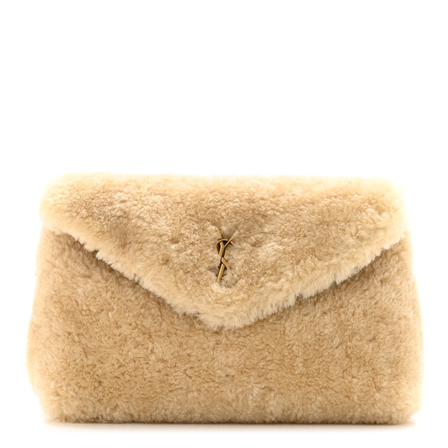 Saint Laurent Shearling Quilted Monogram Loulou Puffer Pouch Clutch Natural Beige Brick