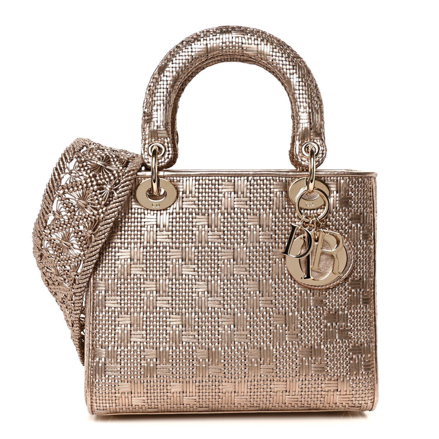 Christian Dior Metallic Calfskin Braided Medium Lady Dior Gold