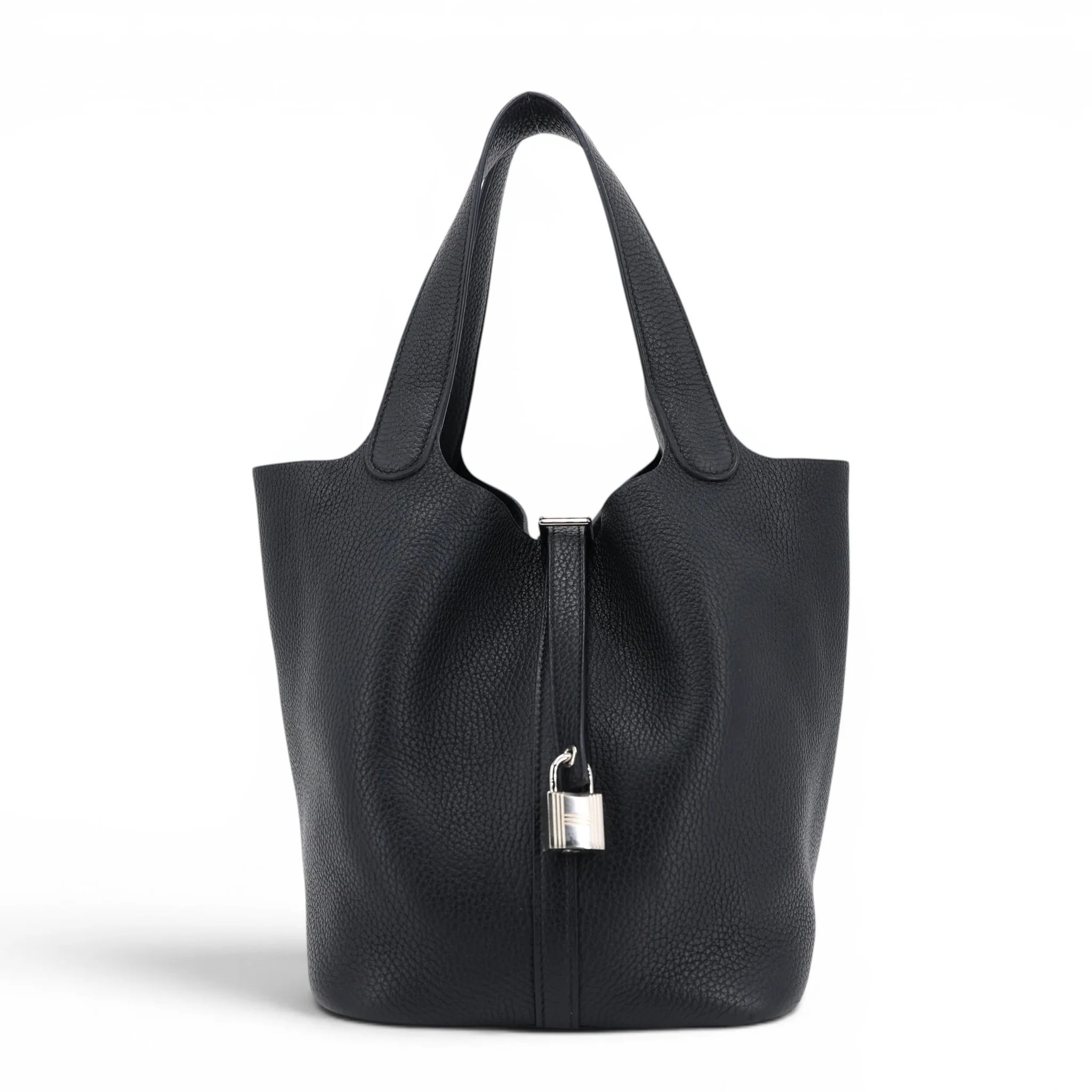Excellent ( Rank SA ) HERMÈS Picotin Lock MM Noir (89) Clemence Palladium hardware Y (2020)