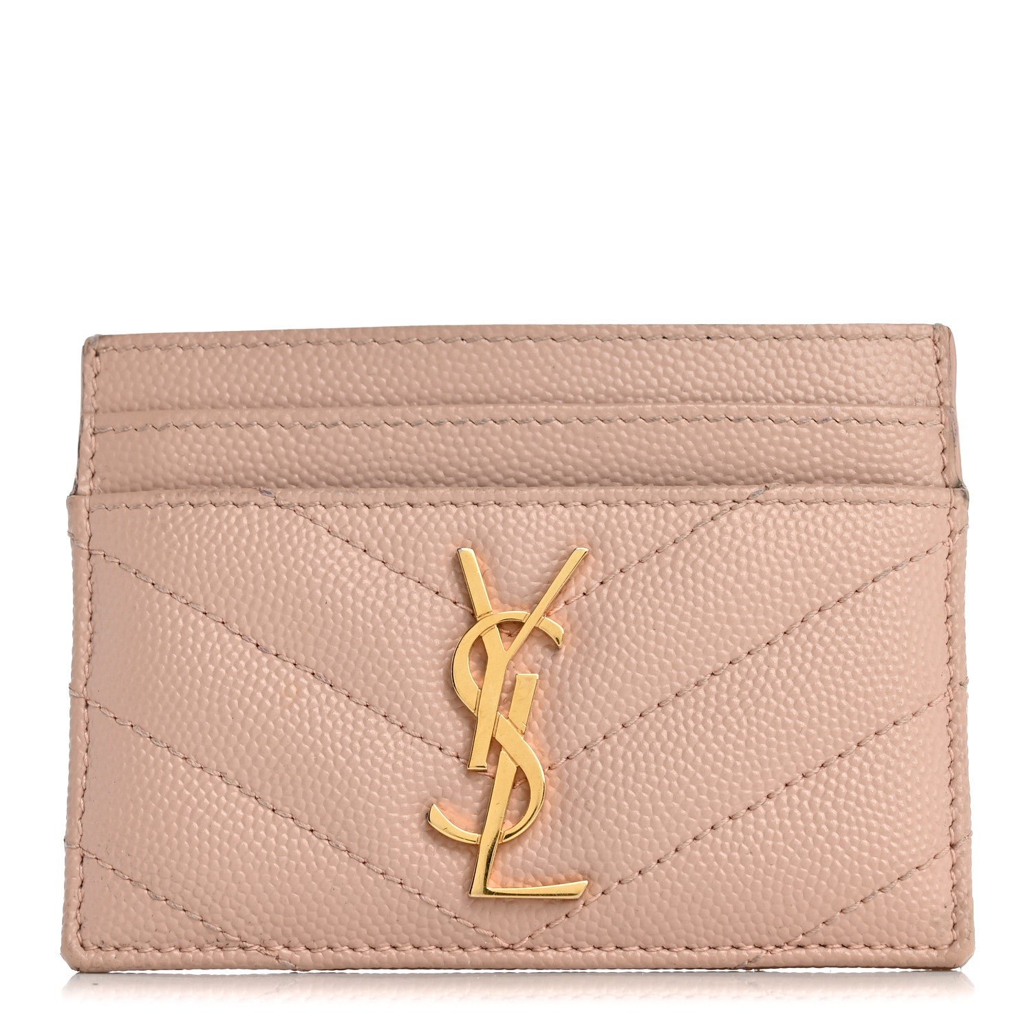 Saint Laurent Grain De Poudre Matelasse Chevron Monogram Credit Card Case Pale Pink