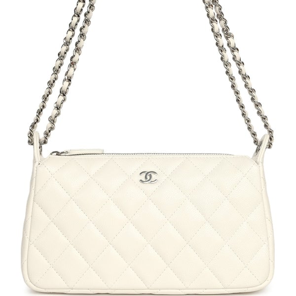 Chanel Small Quilted Clutch Bag with Chain Strap White Caviar Silver Hardware