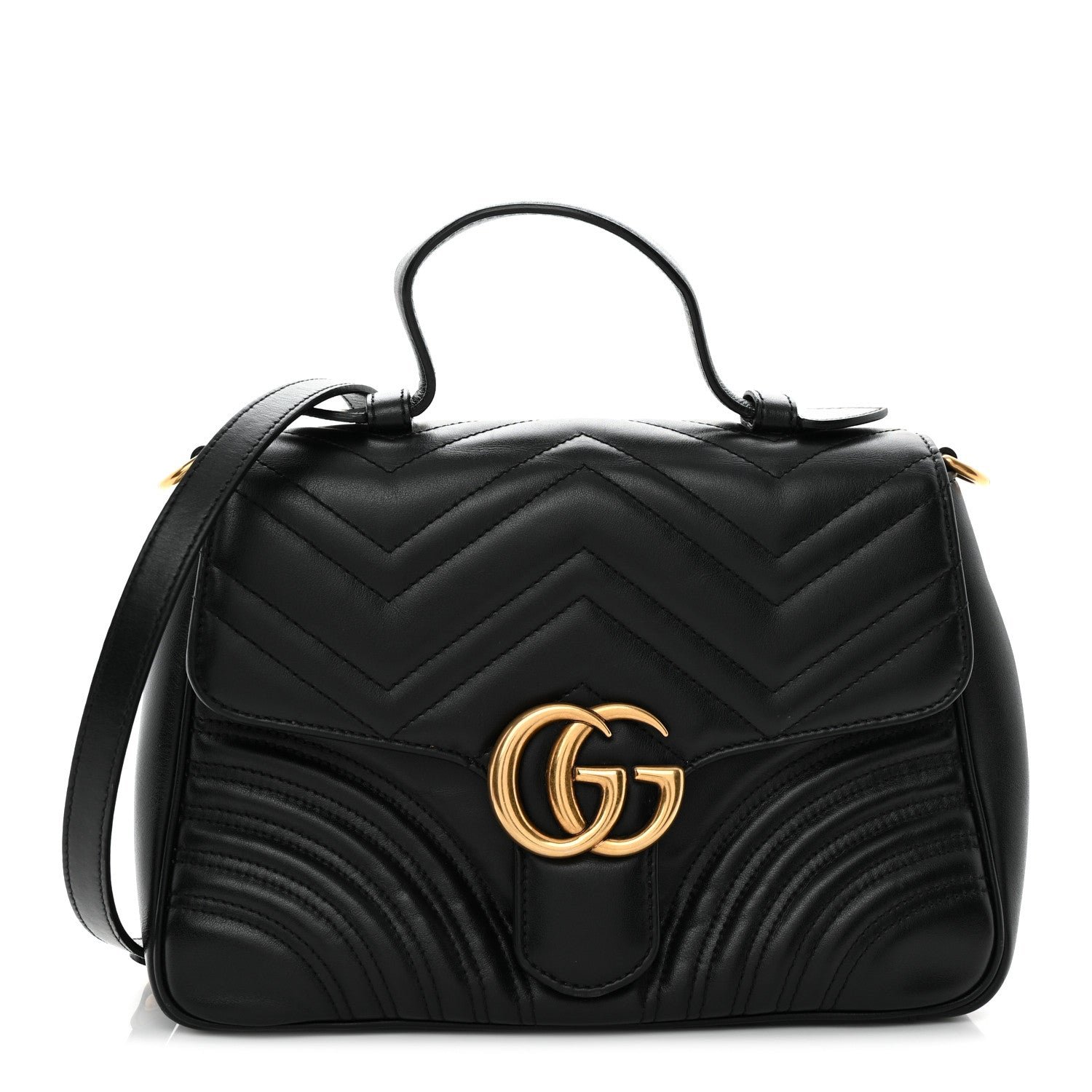 Gucci Calfskin Matelasse Small GG Marmont Top Handle Shoulder Bag Black