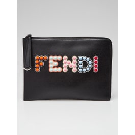 Fendi Fendi Black Leather Multicolor Studded Zip Clutch Bag - 8M0363