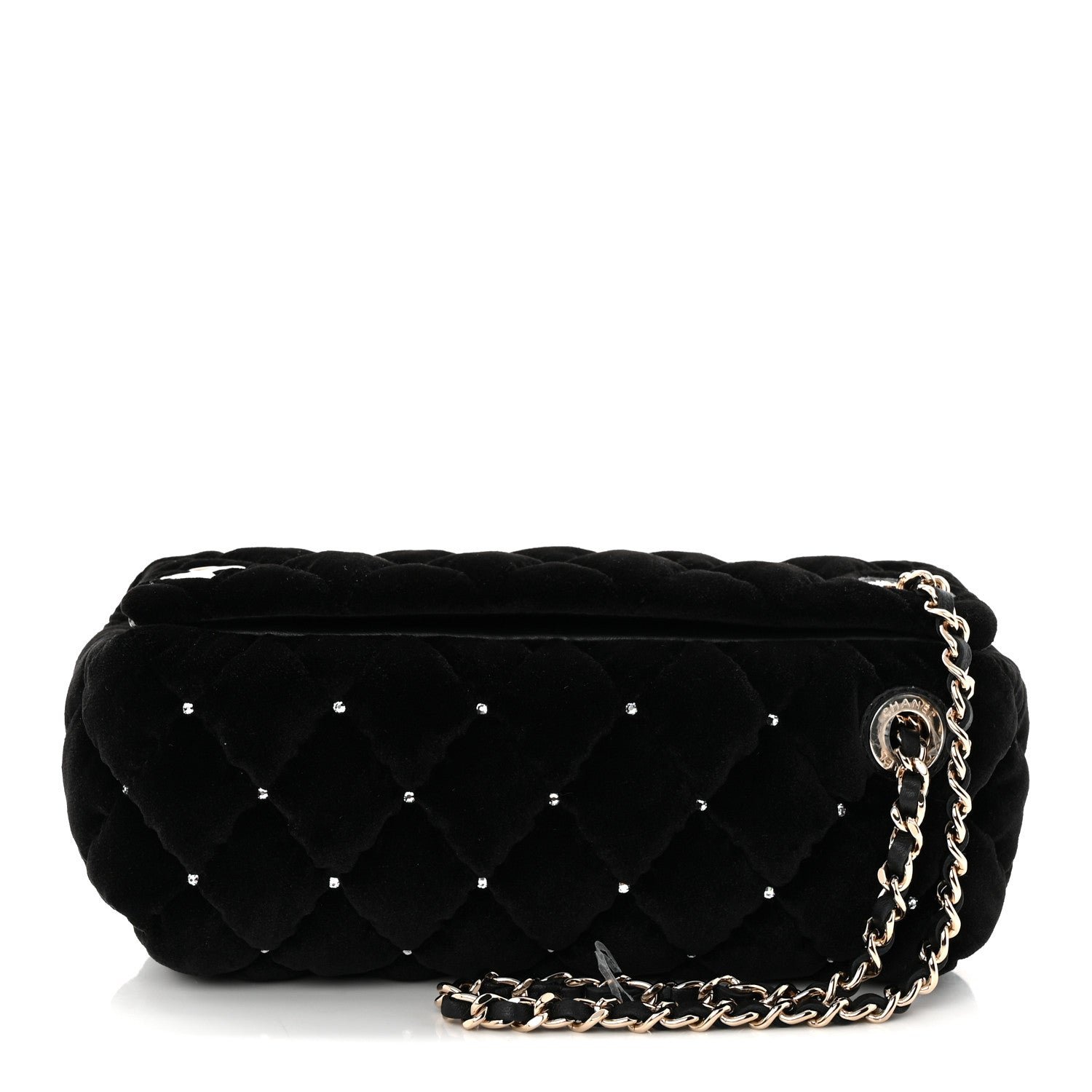 Chanel Velvet Diamanté Quilted Wristlet Clutch Black