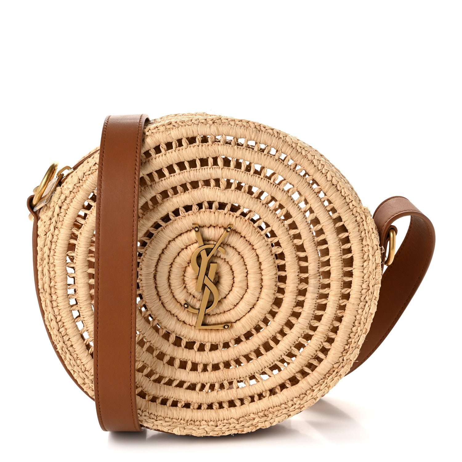 Saint Laurent Raffia Calfskin Round Bag Natural Brick