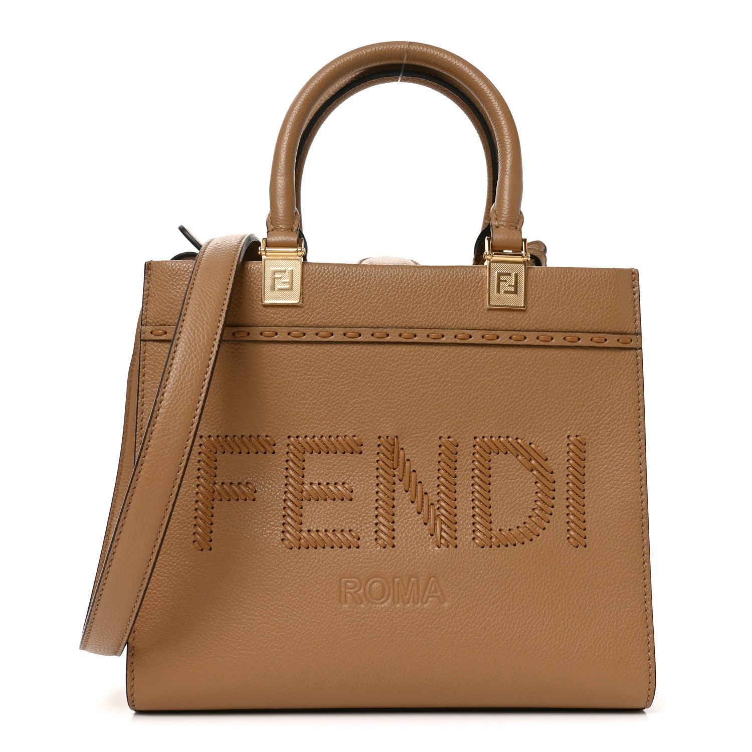 Fendi Vitello Santa Barbara Woven Logo Small Fendi Sunshine Shopper Tote Cappucino Cappucino