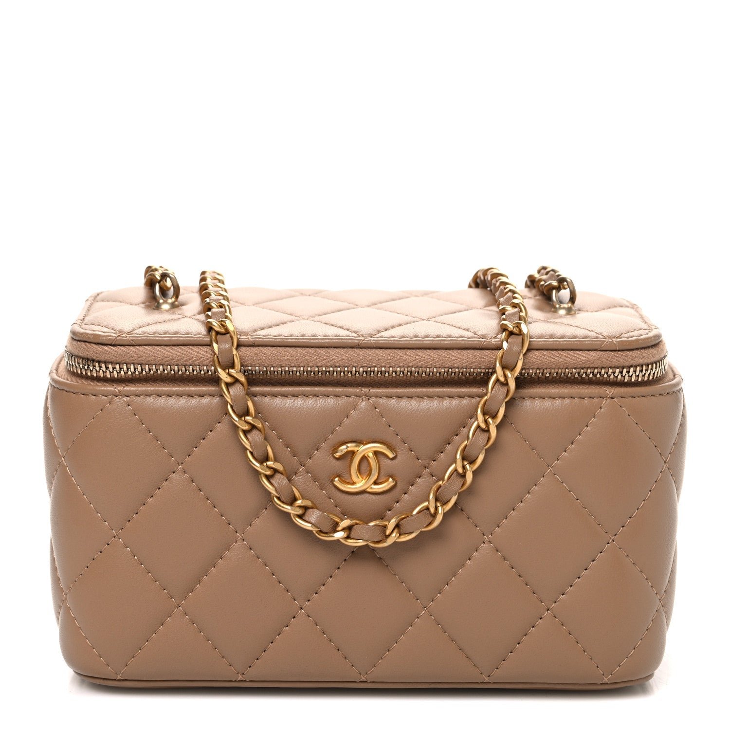 Chanel Lambskin Quilted Pearl Crush Small Vanity Case With Chain Beige