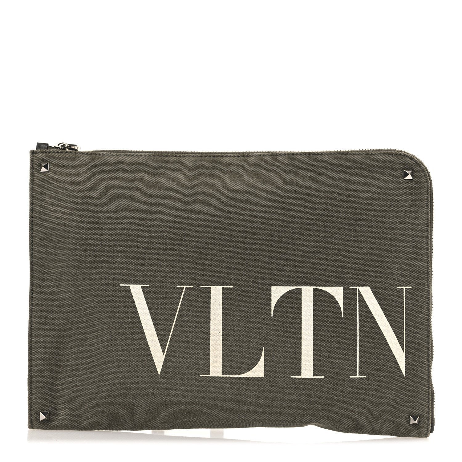 Valentino Garavani Canvas VLTN Large Flat Zip Pouch Khaki