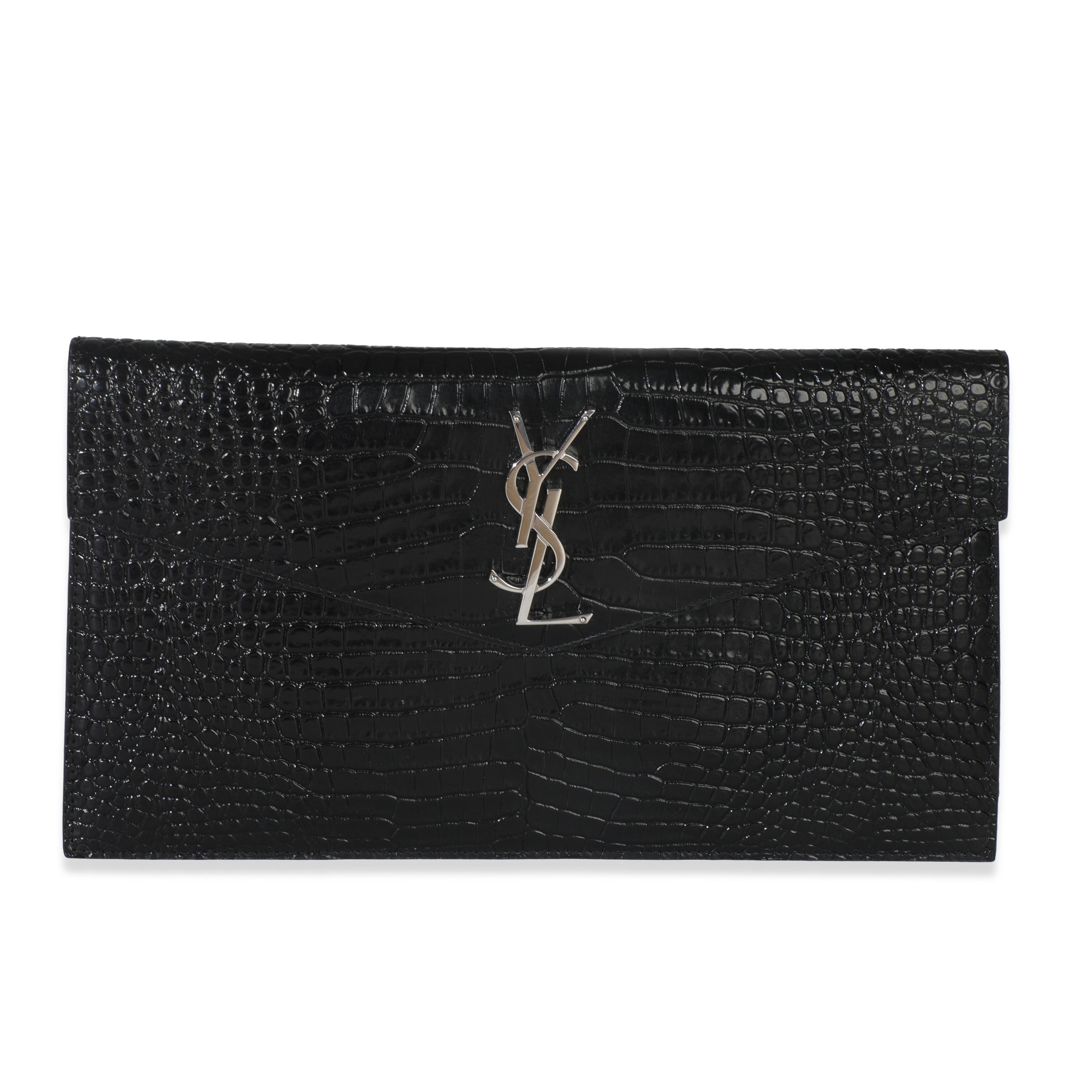 Saint Laurent Black Croc Shiny Calfskin Embossed Uptown Pouch