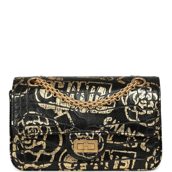 Pre-owned Chanel Mini Graffiti Reissue 224 2.55 Flap Bag Black, Gold Croc Embossed Calfskin Brushed Gold Hardware