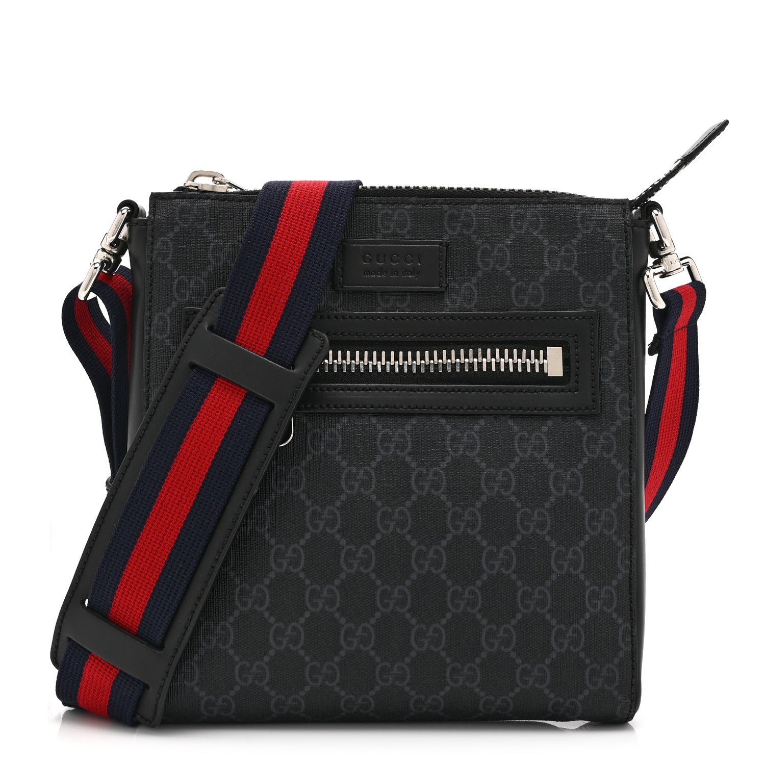 Gucci GG Supreme Monogram Web Small Flat Messenger Bag Black Grey
