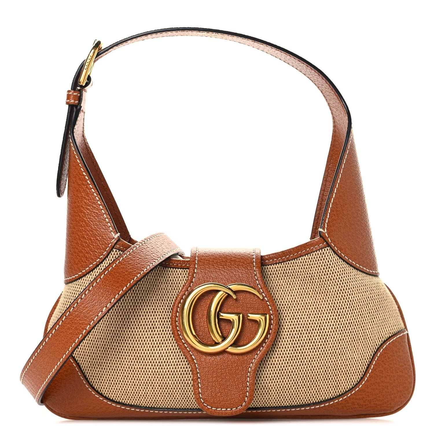 Gucci Canvas Textured Dollar Calfskin Small Aphrodite Shoulder Bag Beige Tan