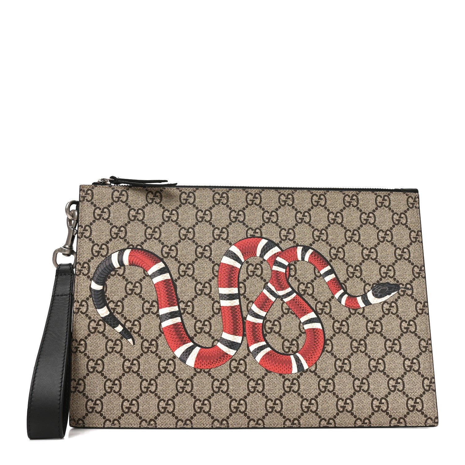 Gucci GG Supreme Monogram Kingsnake Zip Wristlet Pouch Beige Black