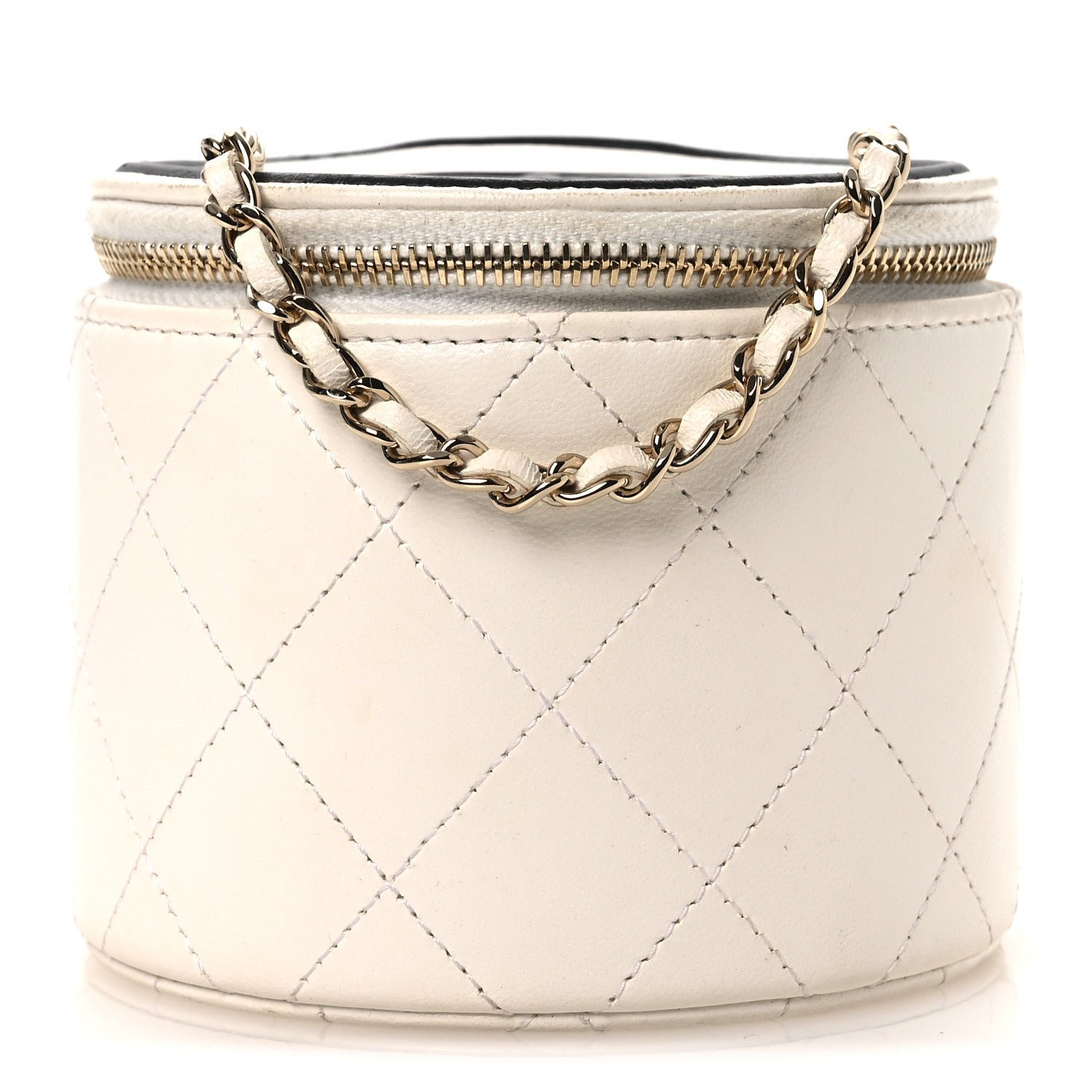 Chanel Lambskin Quilted Round Small Vanity Case With Chain White Black