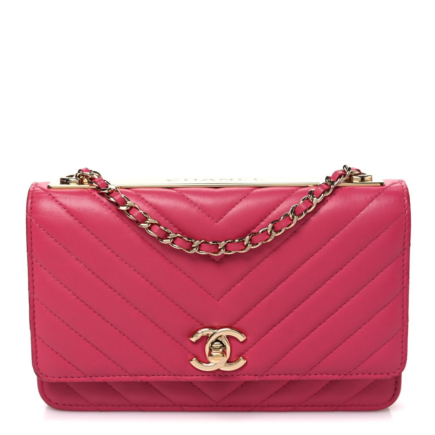 Chanel Lambskin Chevron Quilted Trendy CC Wallet On Chain WOC Dark Pink