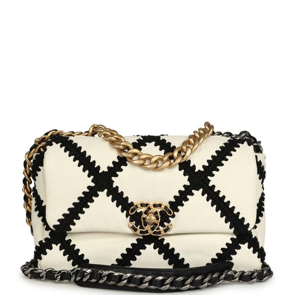 Chanel Medium 19 Flap Bag White Calfskin, Black Crochet Mixed Metal Hardware