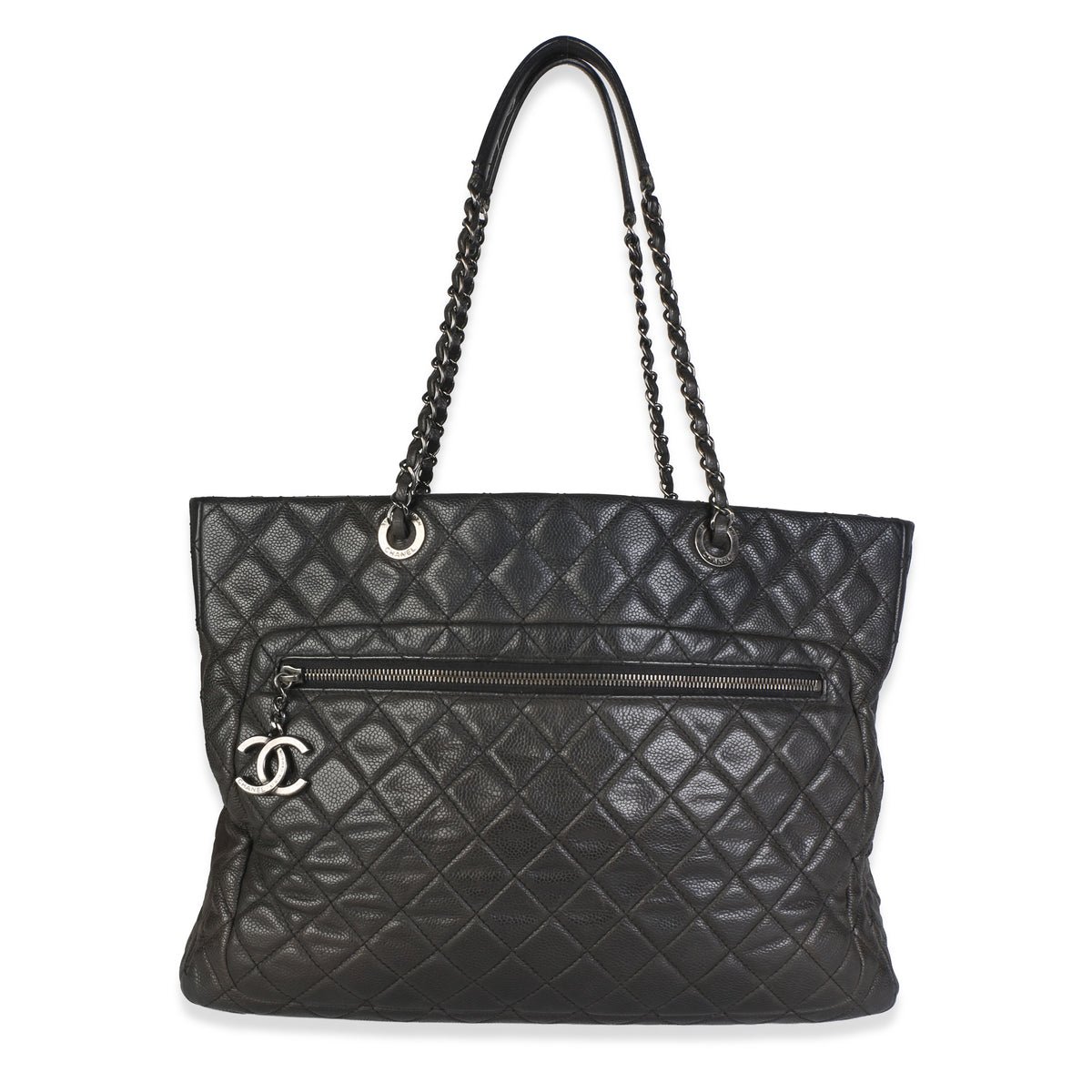 Black Quilted Caviar Front Pocket CC Shopper Tote