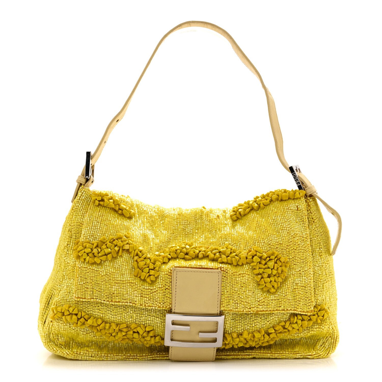 Fendi Rolling Stone Vitello Seta Bead Embroidered Mama Baguette Giallo