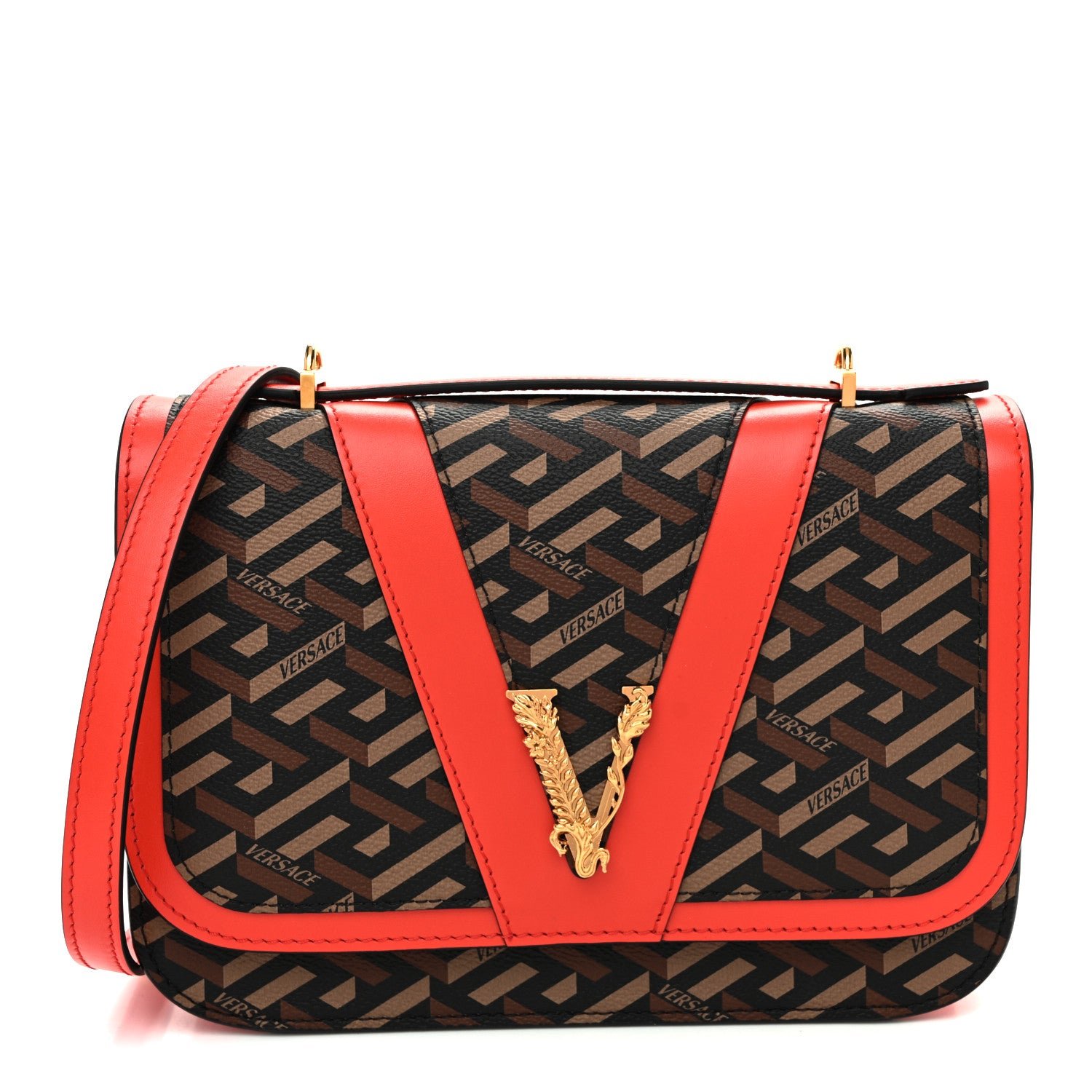 Versace Coated Canvas La Greca Signature Print Virtus Top Handle Shoulder Bag Red