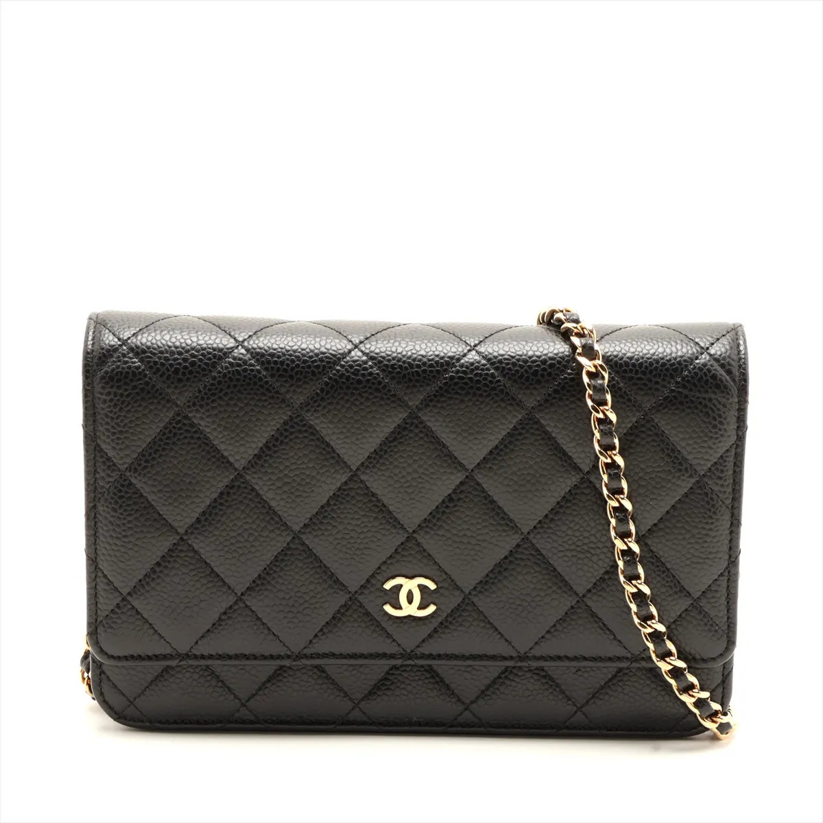 Chanel Matelasse Caviar Skin Chain Wallet Black Gold Metal Fittings random plate