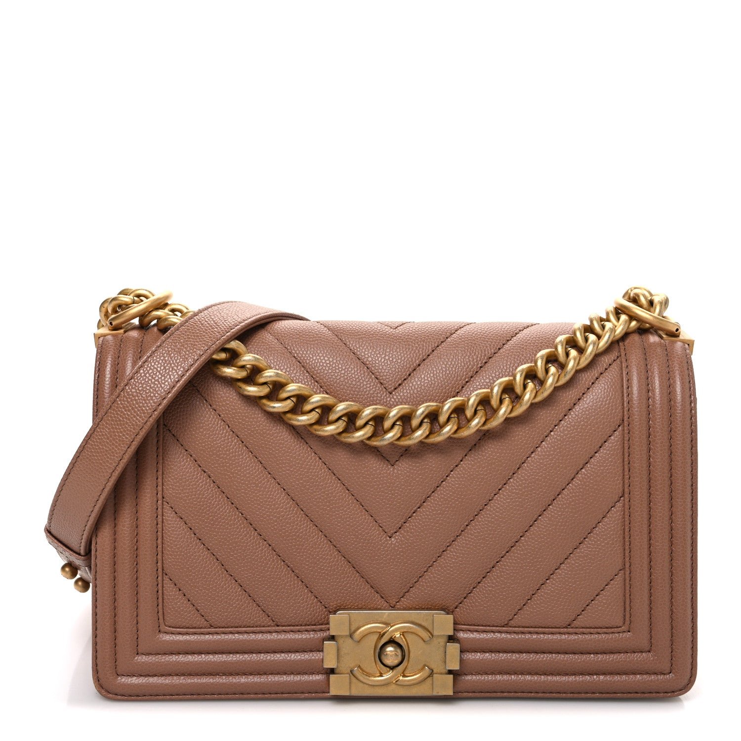 Chanel Caviar Chevron Quilted Medium Boy Flap Dark Beige