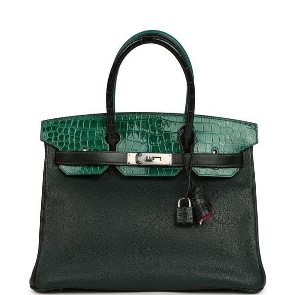Hermes Pre-owned Hermes "Patchwork" Birkin 30 Vert Titien, Vert Fonce, Malachite, Emeraude Chevre Mysore, Clemence, Shiny Porosus Crocodile, Epsom, Swift, Box Palladium Hardware