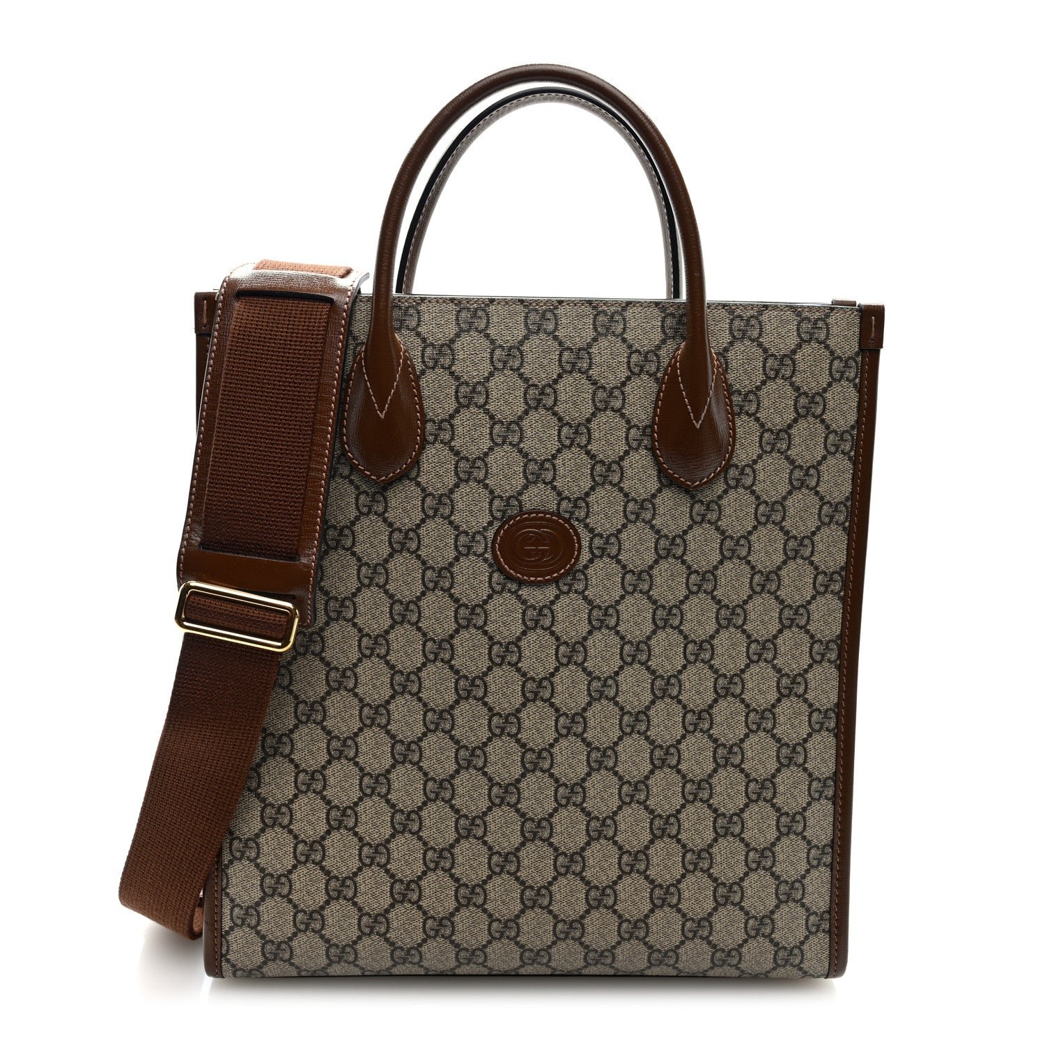 Gucci GG Supreme Monogram Textured Dollar Calfskin Web Small Retro Interlocking G Vertical Tote Bag Beige Ebony Brown Sugar