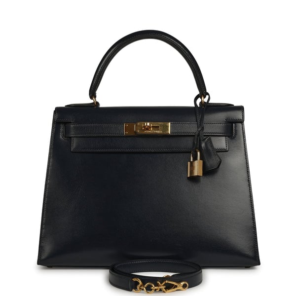 Vintage Hermes Kelly Sellier 28 Bleu Navy Box Gold Hardware