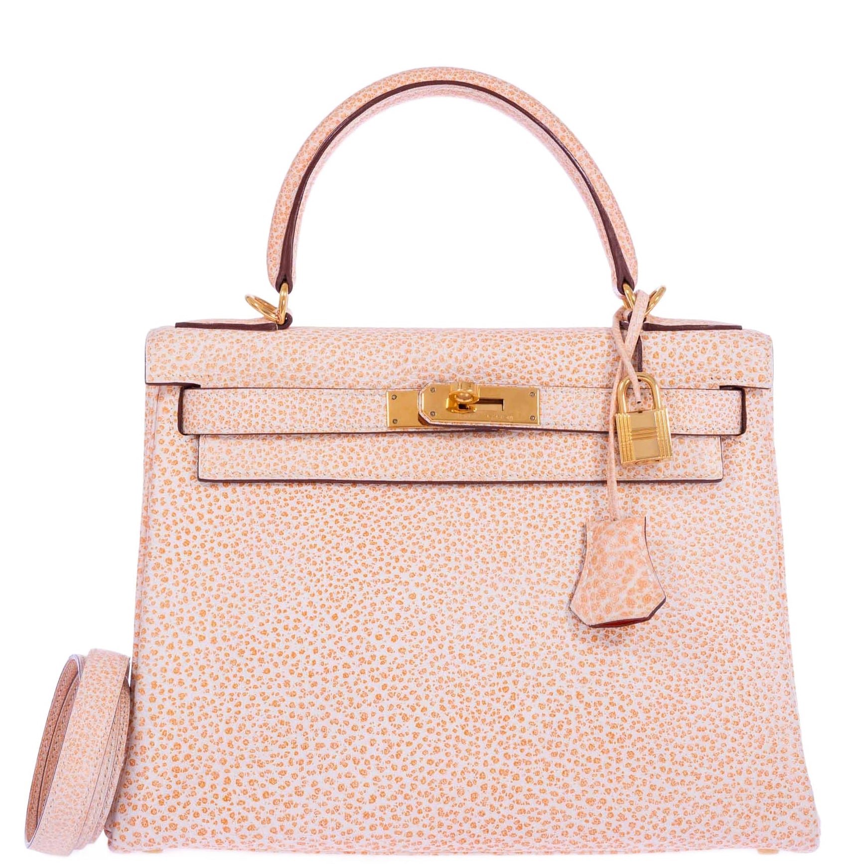 Hermes Hermès Kelly 28 Retourne Orange Dalmatian Buffalo Skipper Gold Hardware