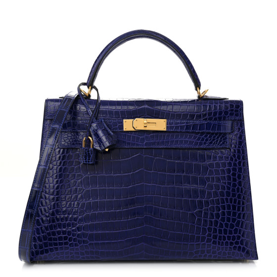 Hermes Shiny Porosus Crocodile Kelly Sellier 32 Bleu Electrique