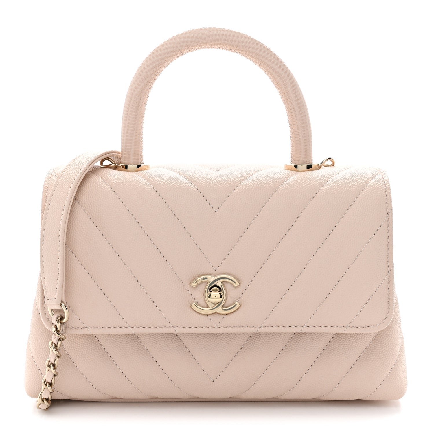 Chanel Caviar Lizard Embossed Chevron Quilted Mini Coco Handle Flap Beige