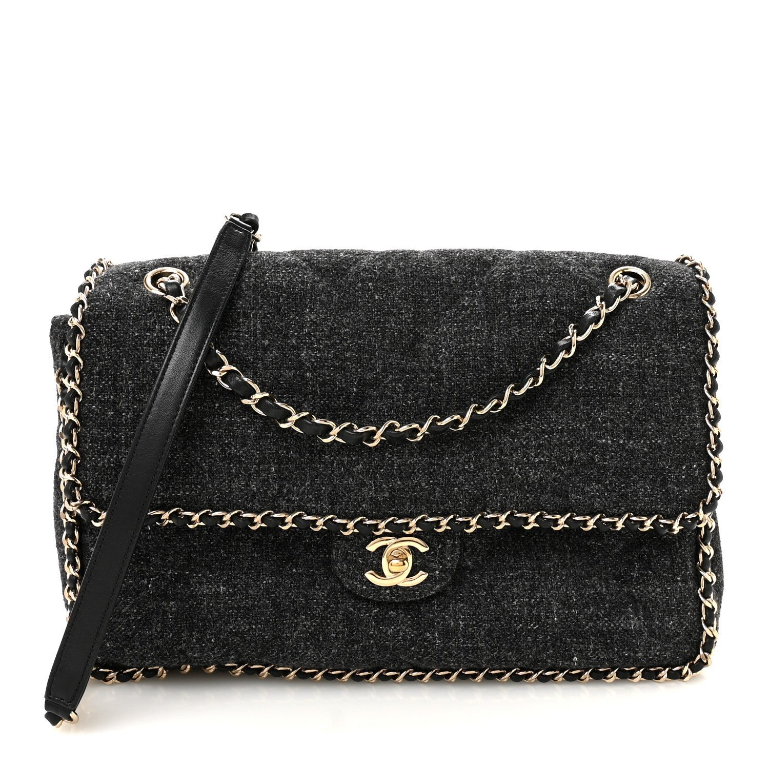Chanel Wool Tweed Quilted Coco Neige Chain Around Flap Black