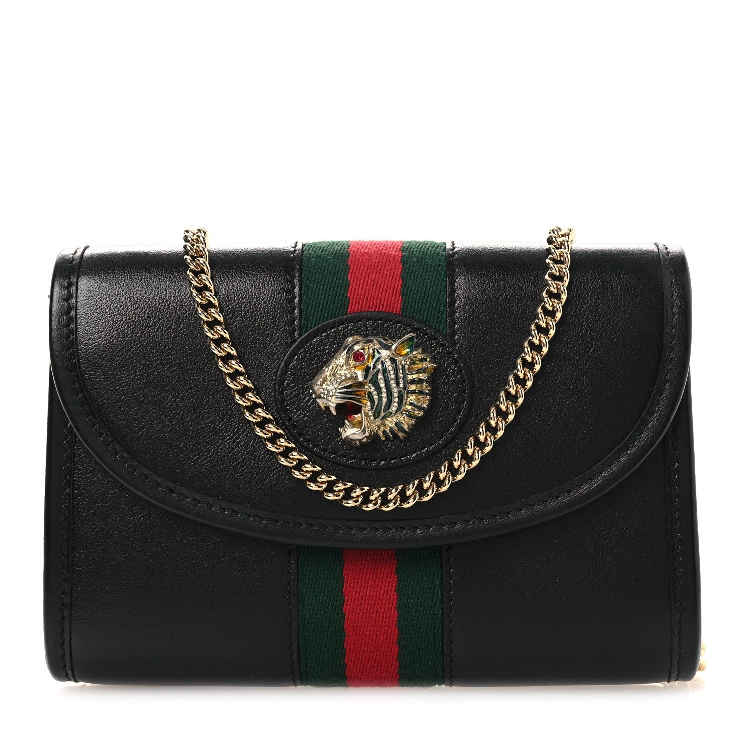 Gucci Textured Calfskin Web Mini Rajah Slim Flap Shoulder Bag Black