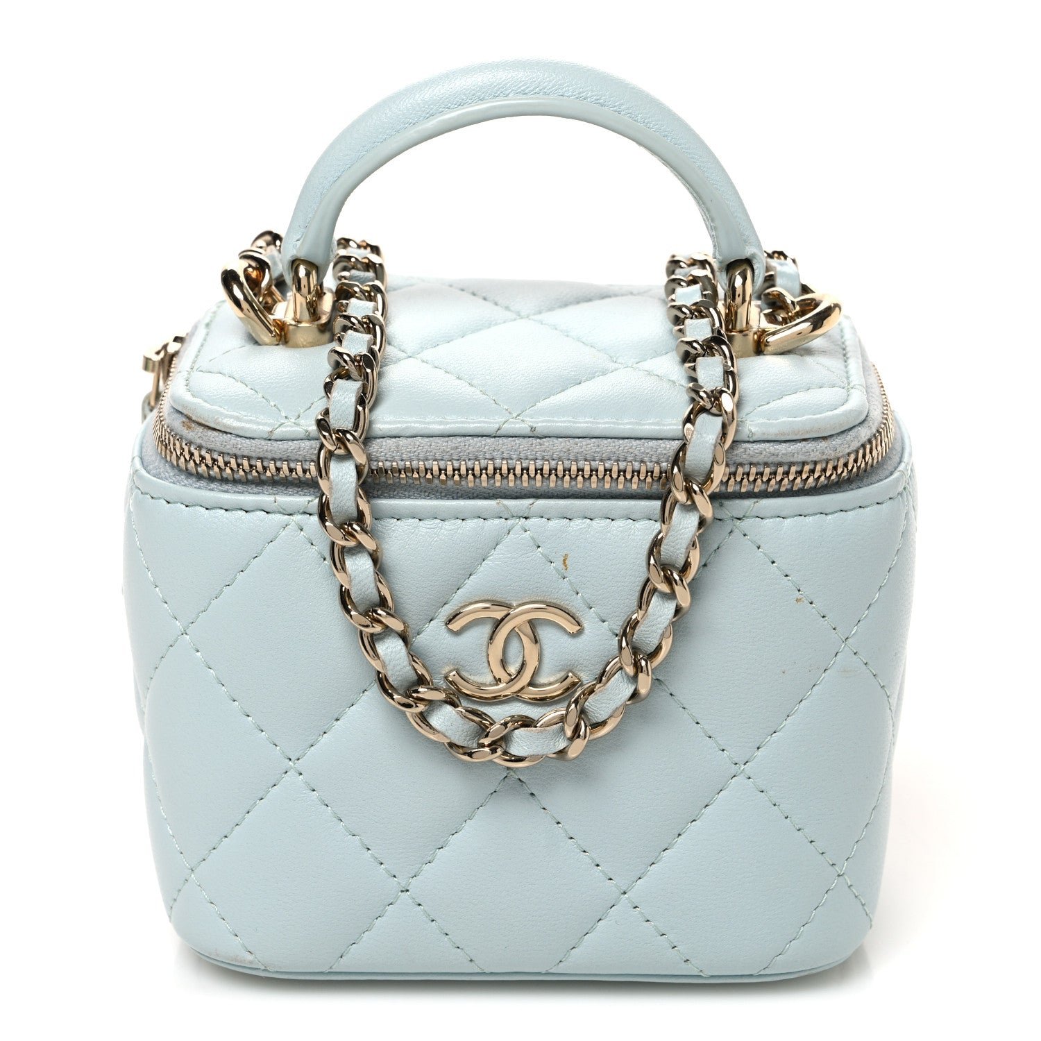 Chanel Lambskin Quilted Top Handle Mini Vanity Case With Chain Light Blue