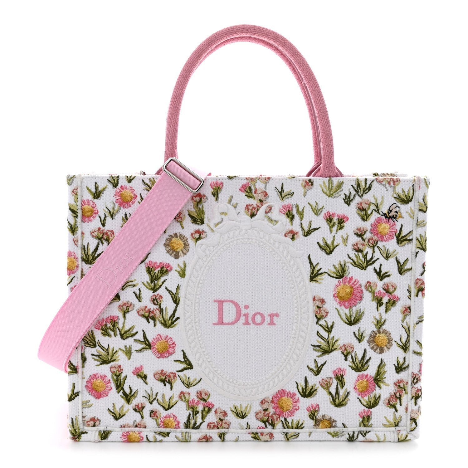 Christian Dior Cotton Toile De Jouy Daisy Garden Embroidered Dior Medaillon Small Book Tote With Strap Pink Multicolor