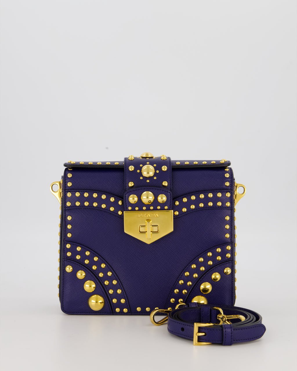 Prada Saffiano in Dark Blue and Gold Studded Leather Top Handel Bag in Inchiostro with Gold Hardware
