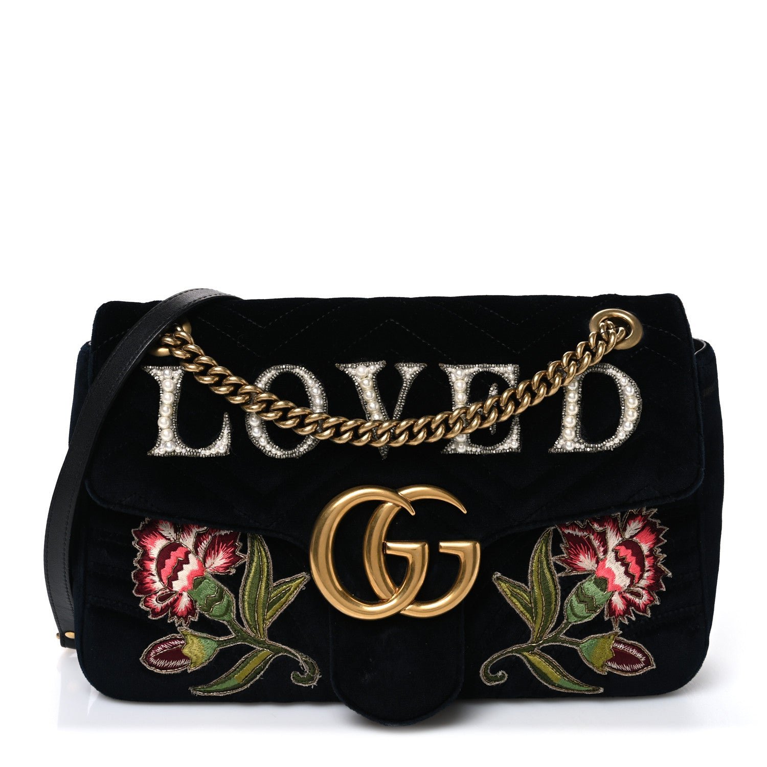 Gucci Velvet Matelasse Loved Embroidered Medium GG Marmont Shoulder Bag Black