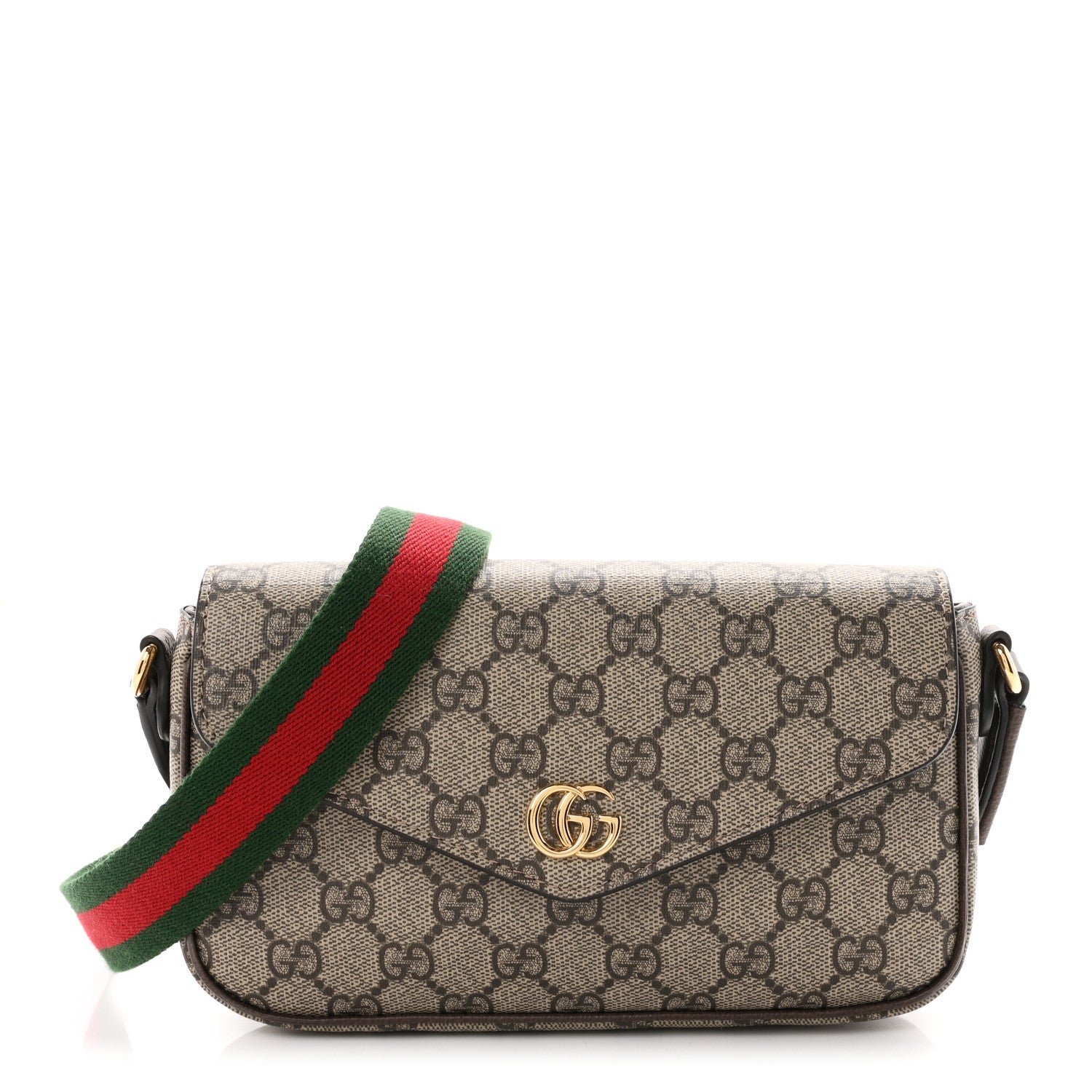 Gucci GG Supreme Monogram Textured Dollar Calfskin Web Mini Ophidia Envelope Shoulder Bag Beige Ebony