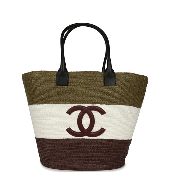 Chanel Maxi Coco Beach Small Shopping Bag Khaki, White, Brown Raffia and Calfskin