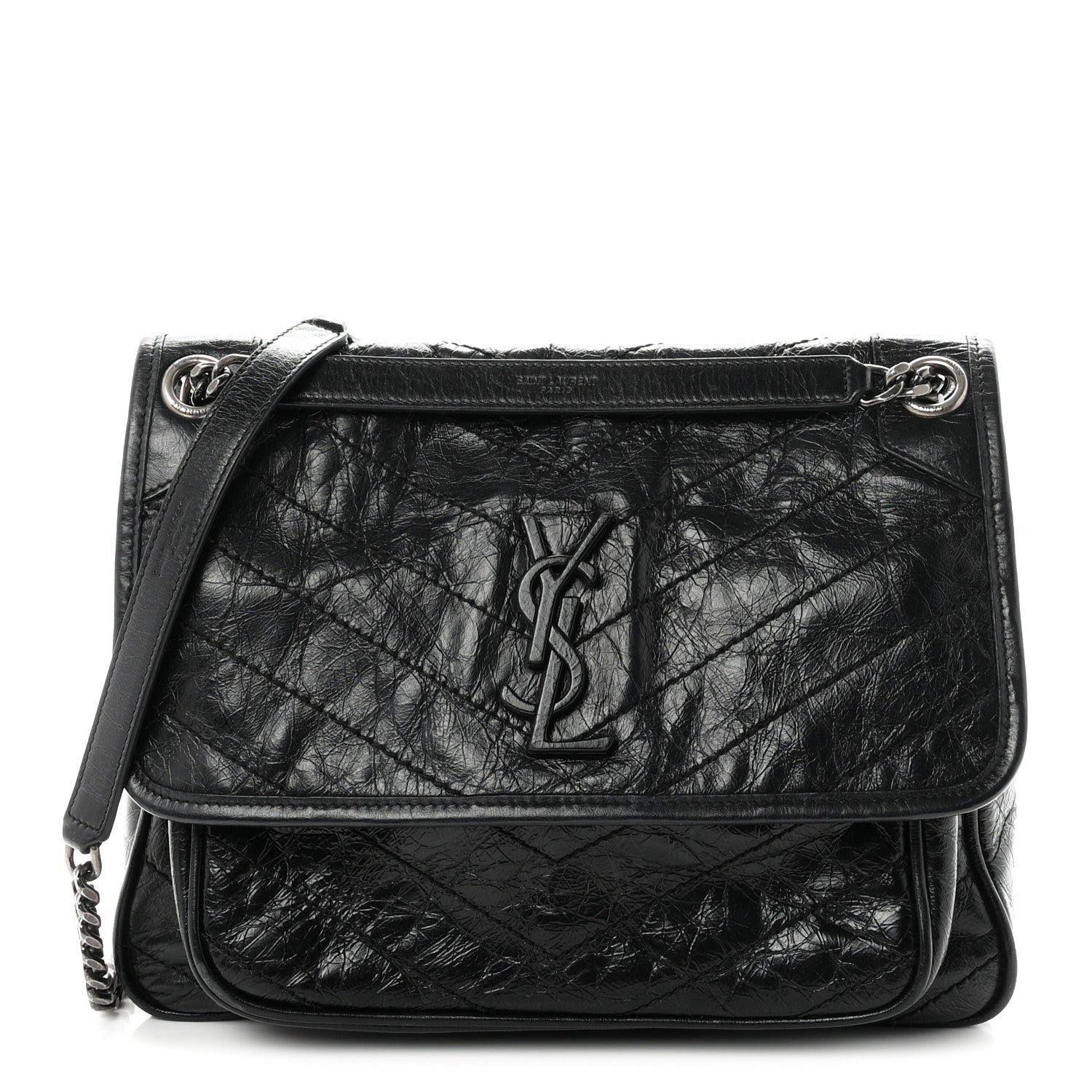 Saint Laurent Crinkled Calfskin Matelasse Monogram Medium Niki Chain Satchel Black