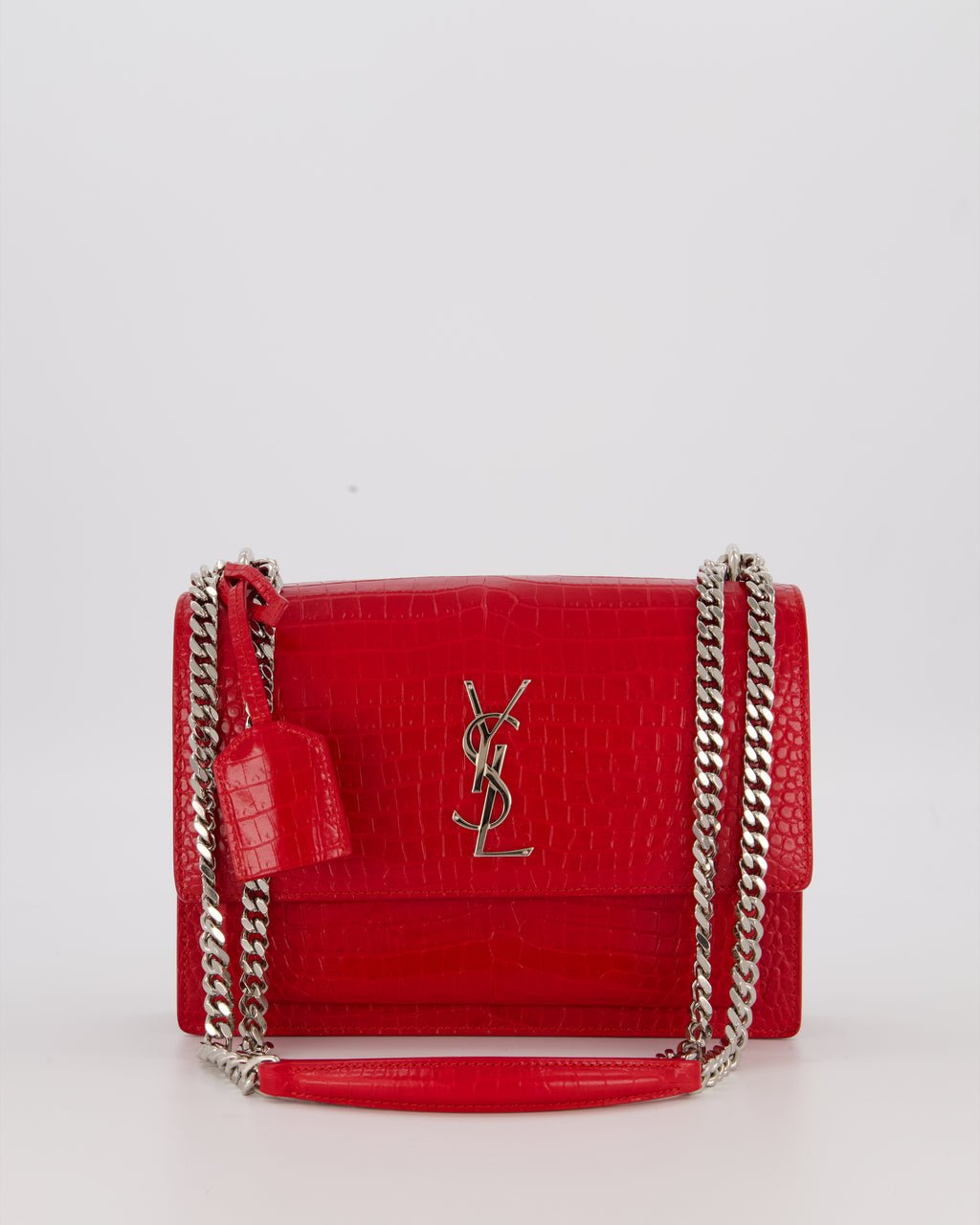 Saint Laurent Medium Sunset Bag in Red Crocodile-Embossed Leather with Silver Hardware