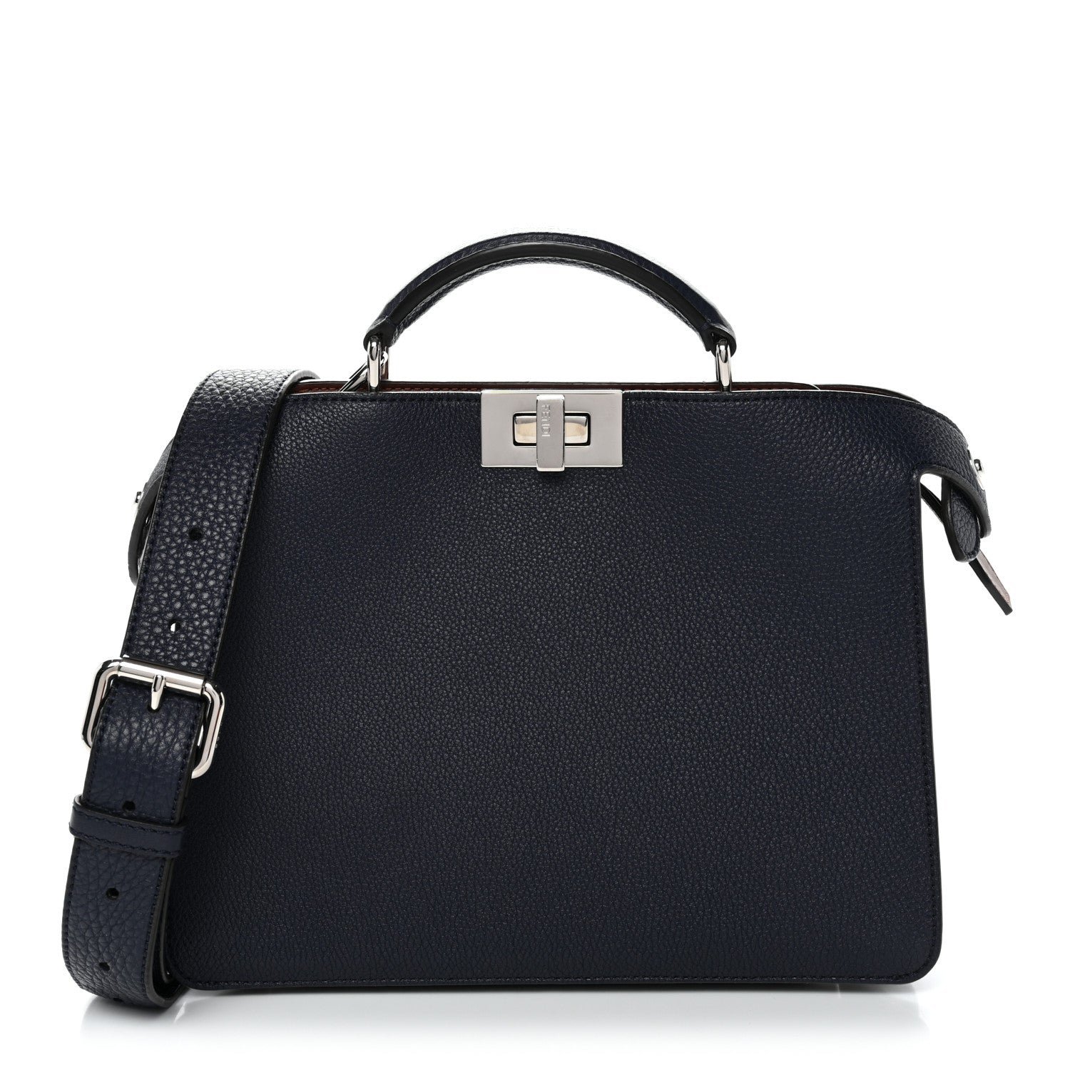 Fendi Cuoio Romano Vitello Cover Glazed Fabric Bi-Color FF 1974 Mini Peekaboo I SEE U Satchel Blue Dark Brown Tobacco Moro