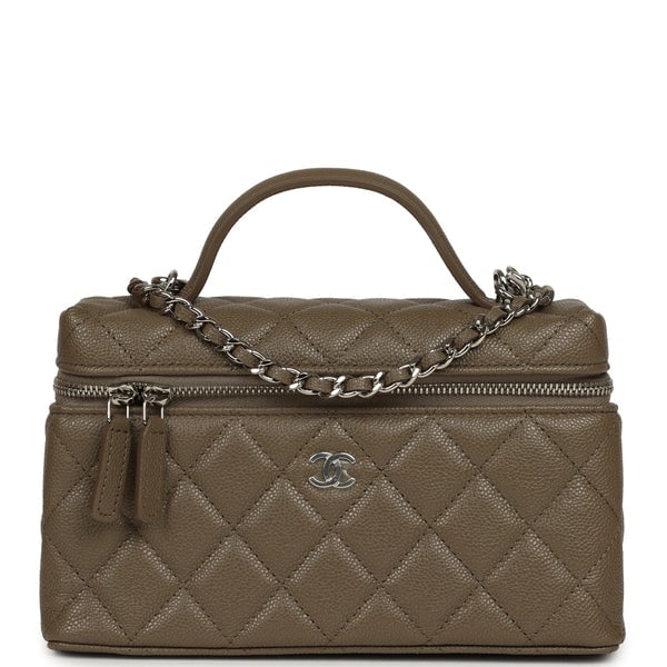 Chanel Chevron Top Handle Long Vanity Case with Chain Dark Khaki Shiny Caviar Silver Hardware