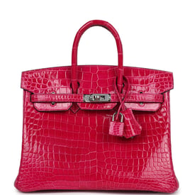 Hermes Pre-owned Hermes Birkin 25 Rose Mexico Shiny Porosus Crocodile Palladium Hardware